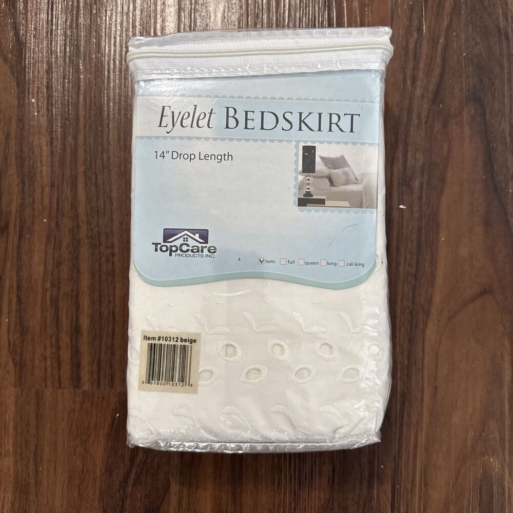 TopCare Eyelet Bedskirt Twin Beige 14" Drop Length Farmhouse Cottage